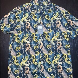 Vibrant Leaf Print Casual Shirt - Navy and Yellow